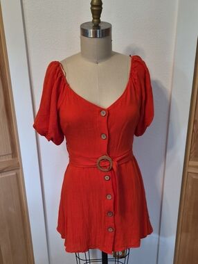 Forever 21 Orange Button-Front Mini Dress with Puff Sleeves and Waist Tie